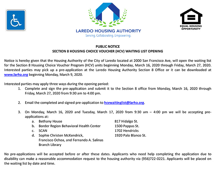 LHA to open Waiting List for Section 8 (HCV) Laredo Housing Authority