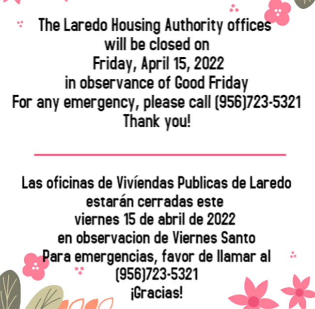 La Autoridad de Vivienda de Laredo cerrará en celebración del Viernes Santo